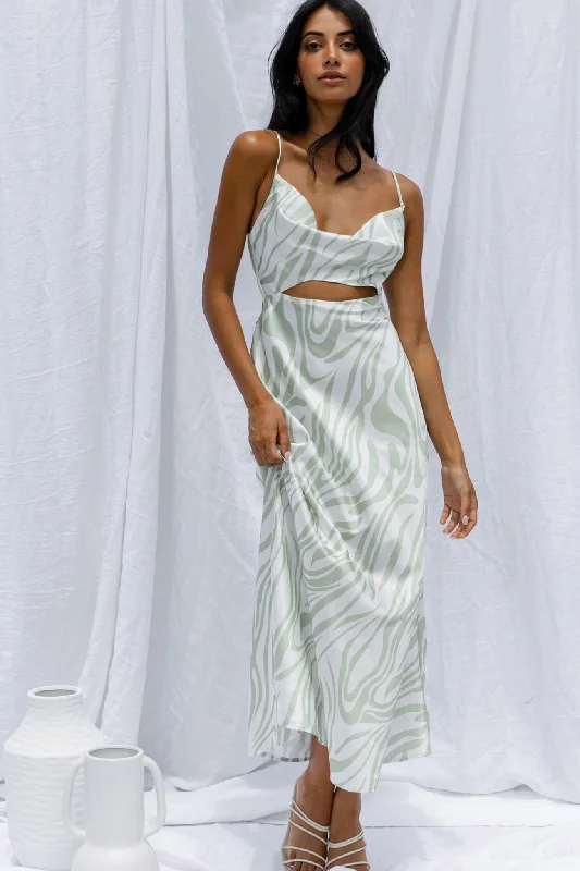 Jasper Cowl Neck Cut-Out Drawstring Back Midi Dress Zebra Print Lime Elegant Satin Slip Midi Dress