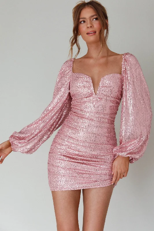 Jayde Balloon Sleeve Sequin Mini Dress Mauve Fashionable Off-Shoulder Mini Dress