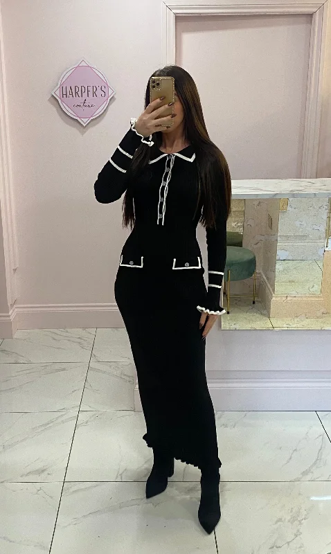 Jayne Black & White Long Sleeve Knit Midi Dress Chic Off-Shoulder Midi Dress