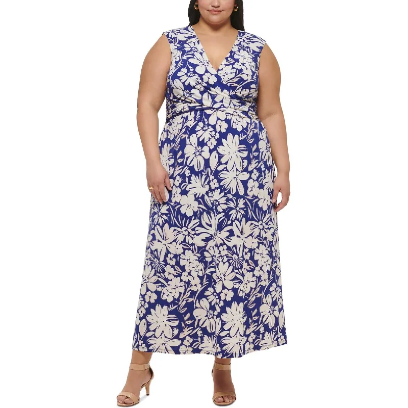 Jessica Howard Womens Plus Printed  Maxi Dress Comfortable Ruffle Maxi Dress