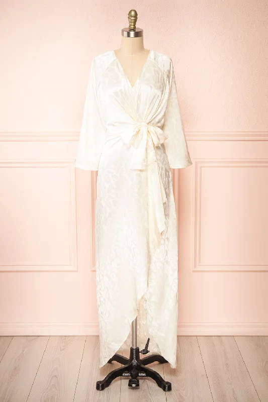 Juanita | Ivory Floral Satin Midi Dress Trendy Fit-and-Flare Midi Dress