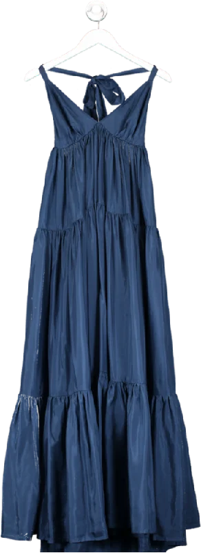 KALITA Blue Atlas Tiered Silk Maxi Dress UK XXS Trendy Maxi Dress with Belt