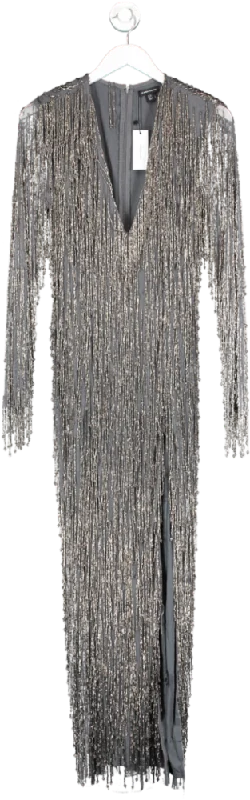 Karen Millen Grey Embellished Fringe Plunge Neck Maxi Dress UK 12 Stylish Off-Shoulder Maxi Dress