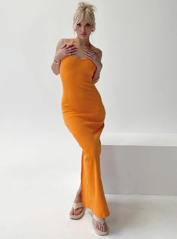 Karyssa Rib Maxi Dress Orange Stylish One-Shoulder Maxi Dress