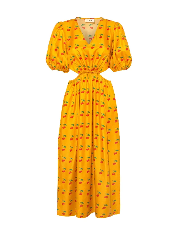 Kate Mango Cherry Print Silk Twill Midi Dress Cozy Ribbed Knit Midi Dress