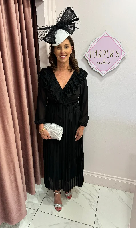 Kathleen Black Pleated Belted Midi Dress Elegant Satin Midi Dress