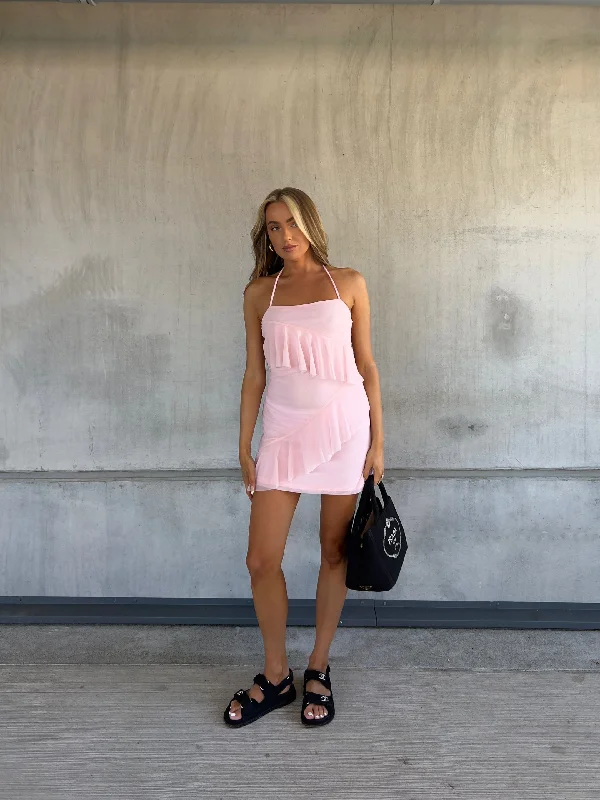 Kendall Halterneck Ruffle Mini Dress -Pale Pink Chic Halter Mini Dress