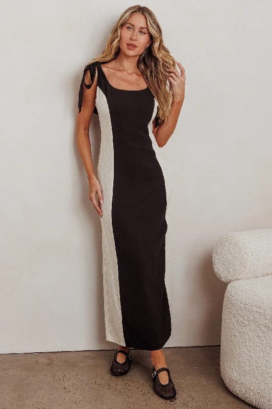 Kiss City Tied Shoulders Contrast Maxi Dress Black/Oat Fashionable High-Waist Maxi Dress Kiss City Tied Shoulders Contrast Maxi Dress Black/Oat Fashionable High-Waist Maxi Dress