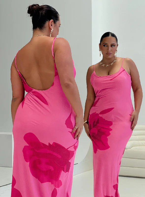 Knox Maxi Dress Hot Pink Floral Curve Fashionable Off-Shoulder Maxi Dress