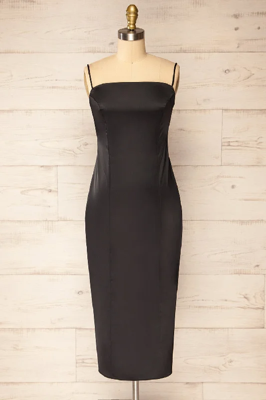 Korina Black | Fitted Satin Midi Dress Comfortable Sleeveless Midi Dress