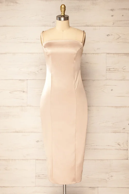 Korina Champagne | Fitted Satin Midi Dress Trendy Off-Shoulder Button Midi Dress