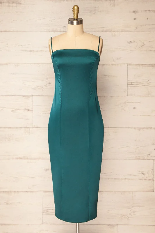 Korina Green | Fitted Satin Midi Dress Elegant Puff Sleeve Midi Dress