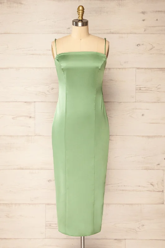 Korina Sage | Fitted Satin Midi Dress Comfortable Short Sleeve Midi Dress