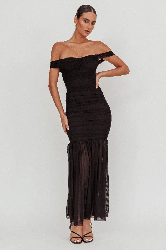 La Salle Off Shoulder Mesh Maxi Dress Black Cozy Knitted Maxi Dress