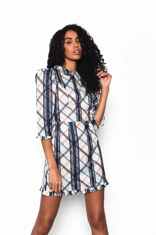 Glamorous White Black Multi Check Collared Puff Sleeve Mini Dress with Ruffle Hem detail Chic Bohemian Mini Dress