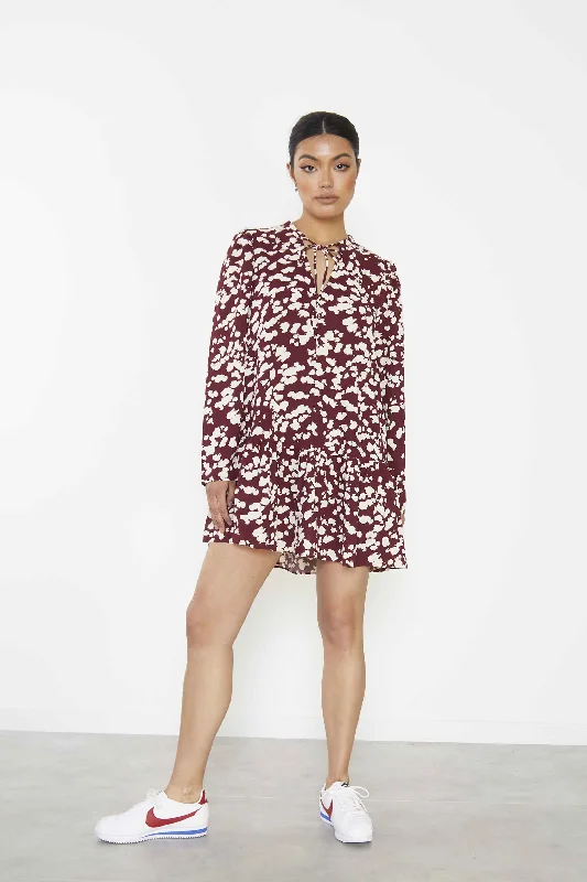 Glamorous Burgundy Cream Abstract Mini Dress with Ruffle Hem and Long Sleeves Classic White Mini Dress