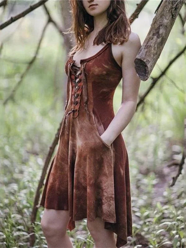 Ladies' Lace-Up Retro Tribal Pleated Mini Dress Cozy Cowl Neck Mini Dress
