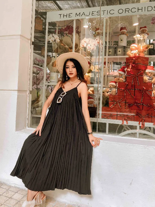 Laguna Pleated Midi Dress in Black Cozy Wide Strap Midi Dress