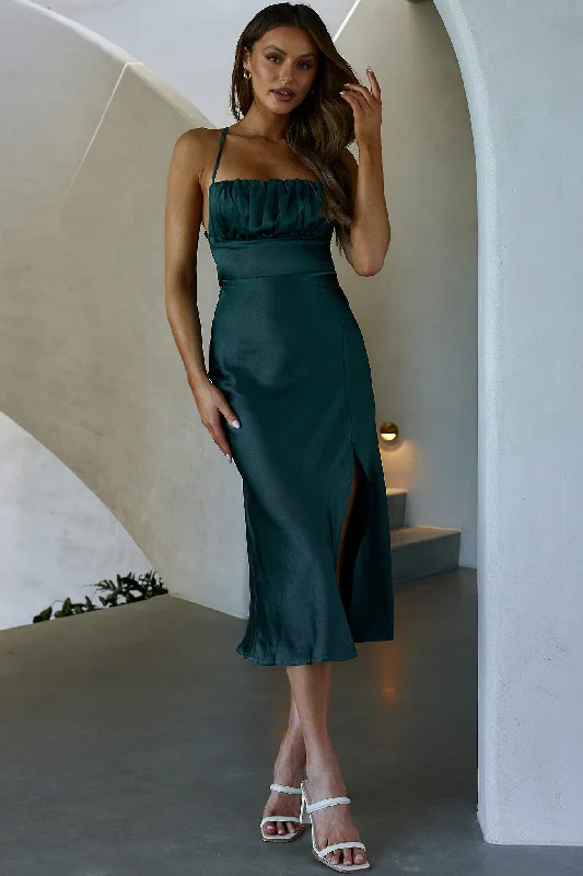 Lakoda Gathered Bust Bow Tie Back Midi Dress Forest Green Trendy Square Neck Midi Dress