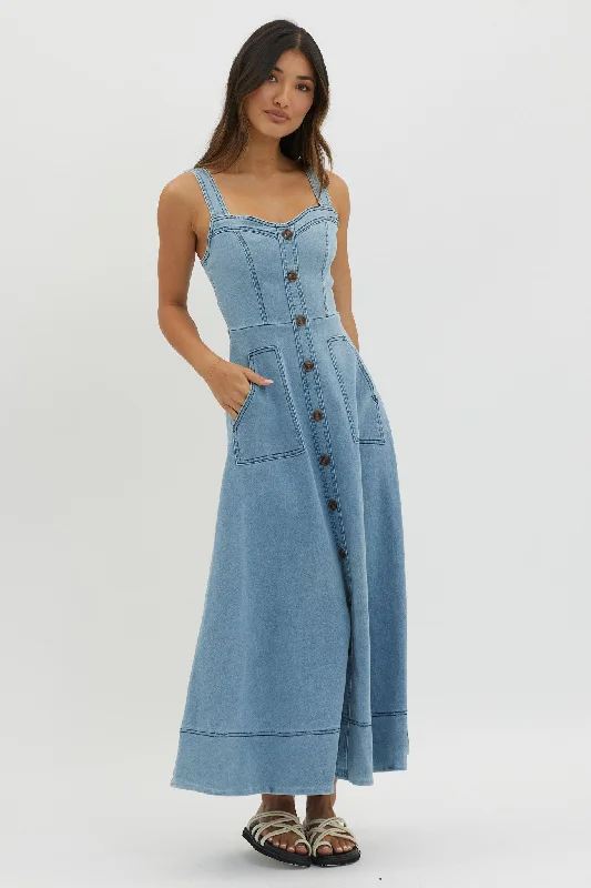 Laureen Pocket Maxi Dress Denim Blue Trendy Off-Shoulder Ruffle Maxi Dress