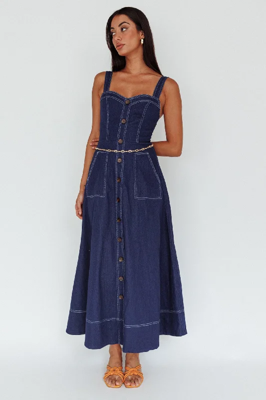Laureen Pocket Maxi Dress Denim Indigo Elegant Wraparound Maxi Dress