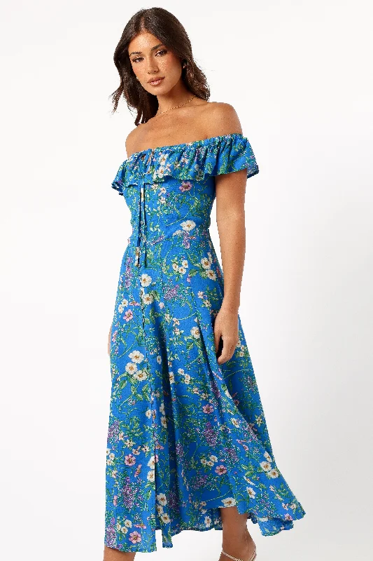Lauryn Off The Shoulder Midi Dress - Blue Ivy Elegant Puff Sleeve Midi Dress