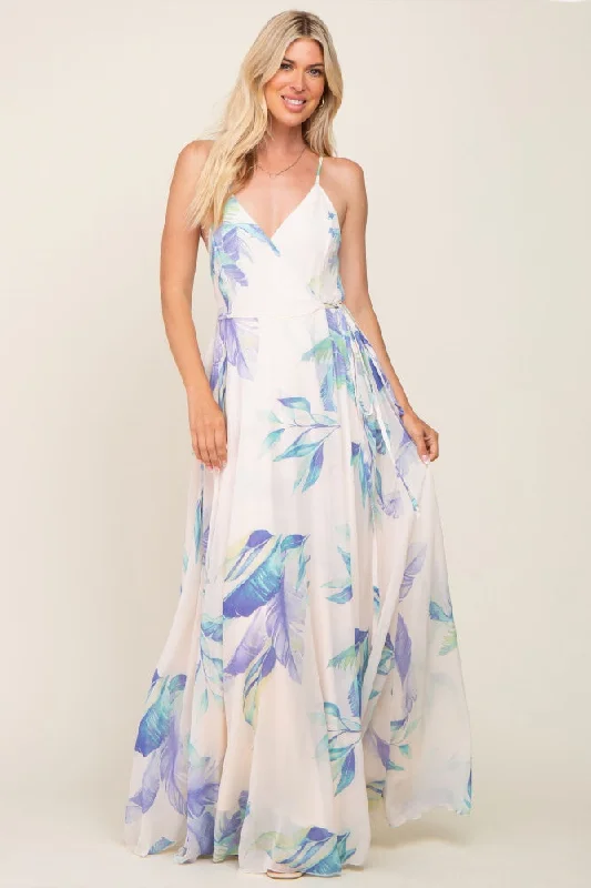 Lavender Feather Printed Chiffon Wrap Front Maxi Dress Chic Off-Shoulder Maxi Dress