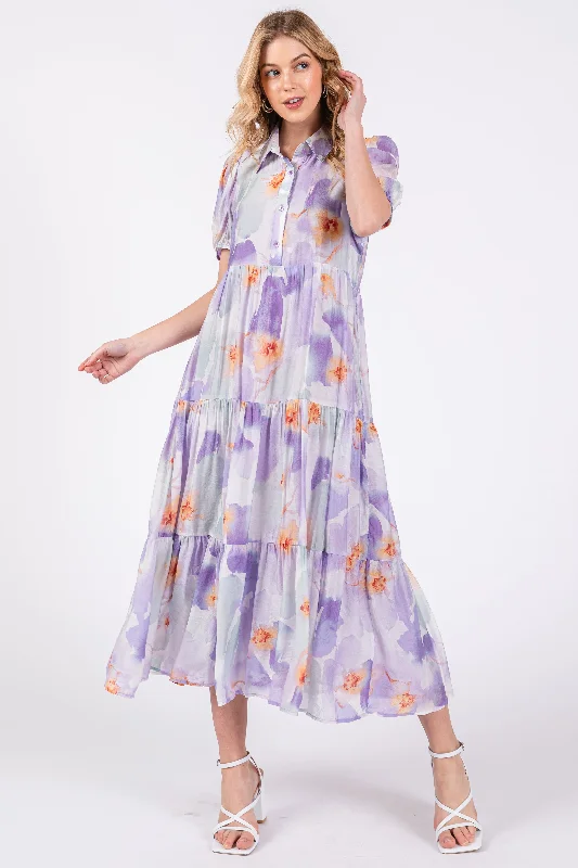 Lavender Floral Button Front Short Sleeve Tiered Midi Dress Stylish Satin Midi Dress