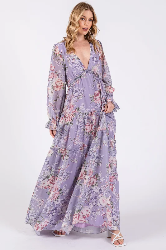 Lavender Floral Chiffon Deep V Ruffle Tiered Maxi Dress Trendy Printed Maxi Dress