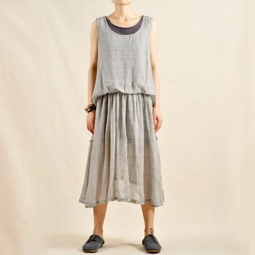 Layered gray sundress linen maxi dress Comfortable Plunging Neckline Maxi Dress