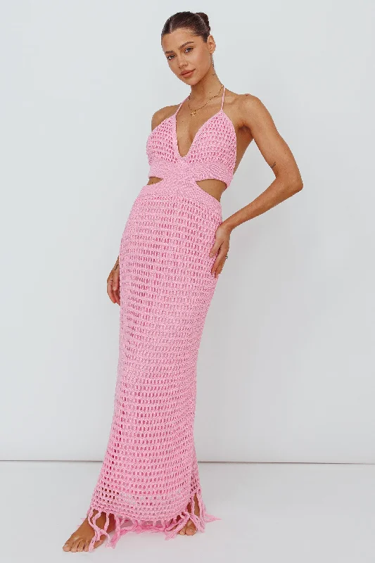 Lelei Crochet Open Back Maxi Dress Pink Stylish Boho Maxi Dress