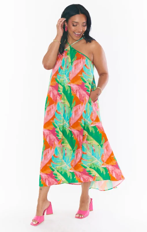 Lexington Midi Dress ~ Tropics Palm Trendy Smocked Waist Midi Dress