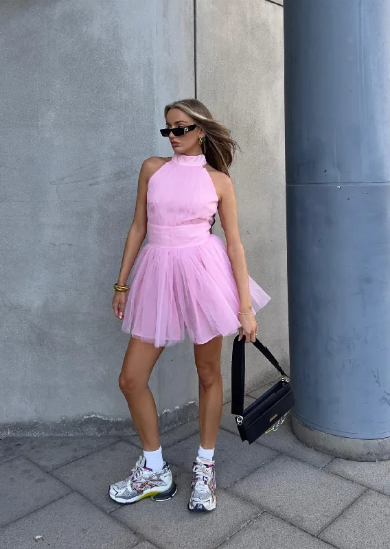 Liberty Tulle Mini Dress -Pretty Pink Stylish Floral Print Mini Dress