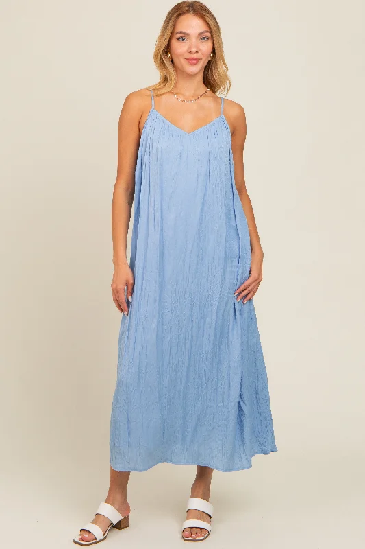 Light Blue Crinkle V-Neck Cross Back Midi Dress Chic Bohemian Midi Dress