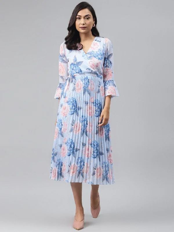 Women's Light Blue Floral Pleated Midi Dress - SASSAFRAS Trendy Flared Sleeve Midi Dress Women's Light Blue Floral Pleated Midi Dress - SASSAFRAS Trendy Flared Sleeve Midi Dress
