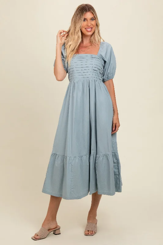 Light Blue Pleated Bodice Puff Sleeve Midi Dress Trendy Fit-and-Flare Midi Dress