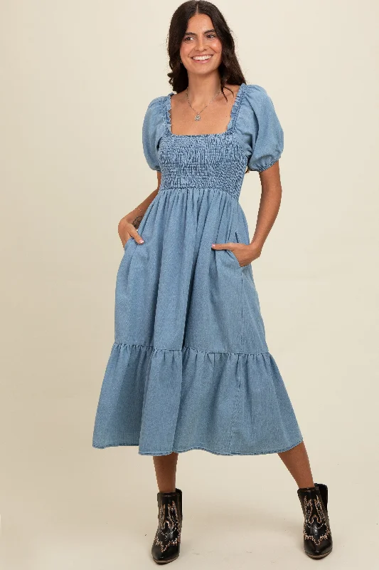 Light Blue Vintage Wash Chambray Smocked Midi Dress Fashionable High-Neck Midi Dress