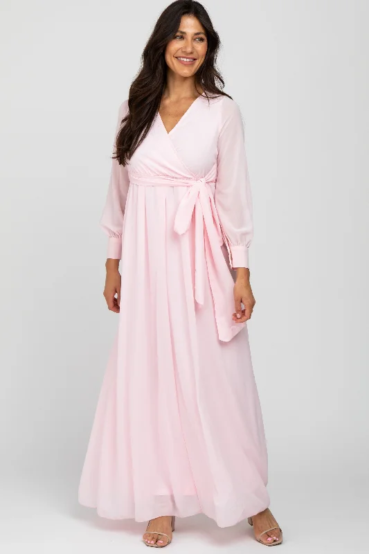 Light Pink Chiffon Long Sleeve Maxi Dress Elegant Lace-Up Maxi Dress