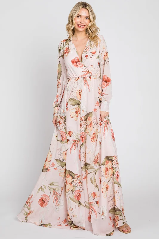 Light Pink Floral Chiffon Long Sleeve Maxi Dress Elegant Tiered Maxi Dress