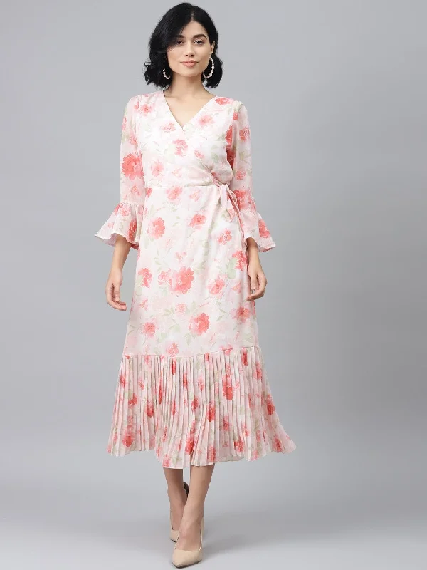 Women's Light Pink Floral Pleated Midi Dress - SASSAFRAS Chic Lace Detail Midi Dress Women's Light Pink Floral Pleated Midi Dress - SASSAFRAS Chic Lace Detail Midi Dress