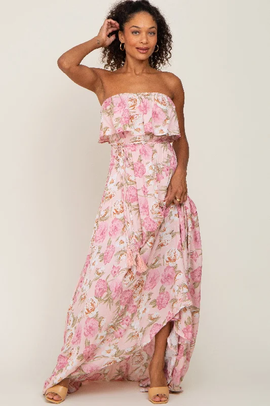 Light Pink Floral Strapless Ruffle Front Maxi Dress Classic A-Line Maxi Dress