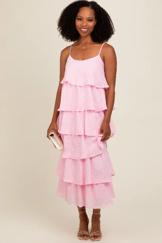 Light Pink Tiered Midi Dress Trendy Off-Shoulder Ruffle Midi Dress