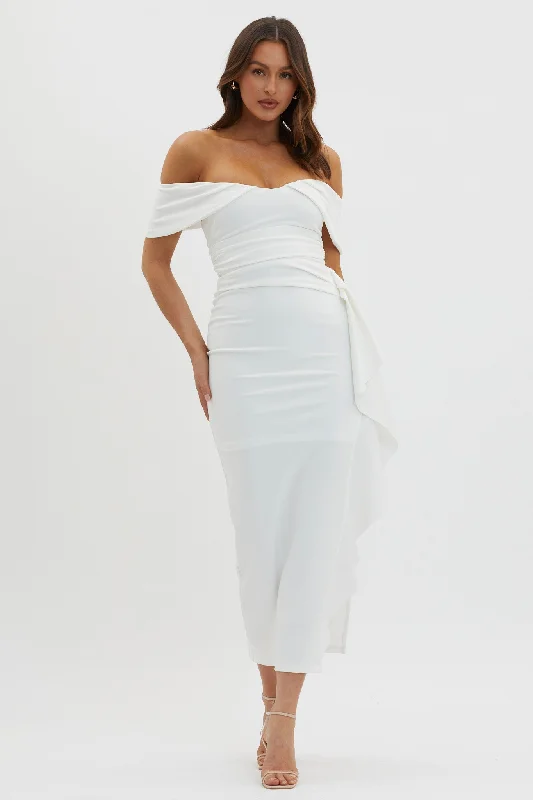 Lillianne Off-Shoulder Side Ruffle Maxi Dress White Trendy Maxi Dress with Lace