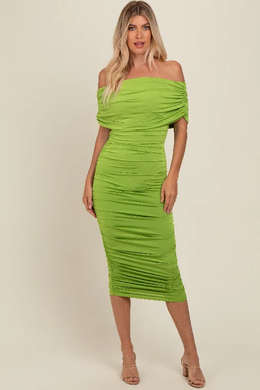 Lime Off Shoulder Ruched Midi Dress Elegant Satin Button Midi Dress