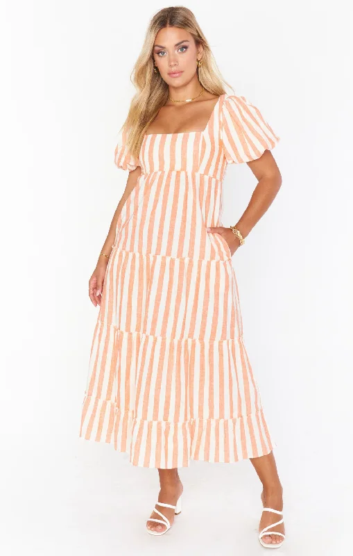 Linds Midi Dress ~ Dreamsicle Stripe Linen Comfortable Fit-and-Flare Midi Dress