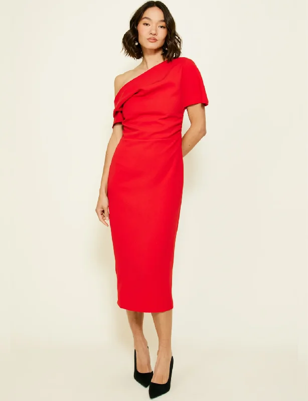 Phillipa Midi Dress, Scarlet Trendy Mock Neck Midi Dress