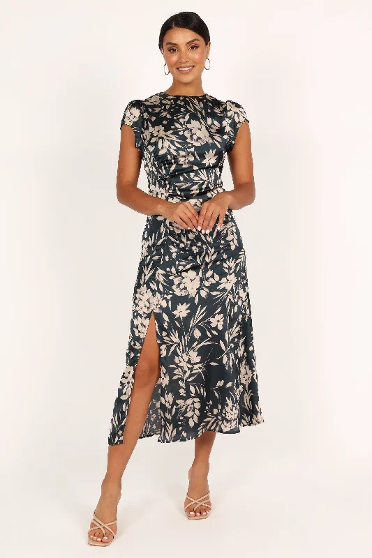 Lisbeth Midi Dress - Green Floral Comfortable Ruched Midi Dress