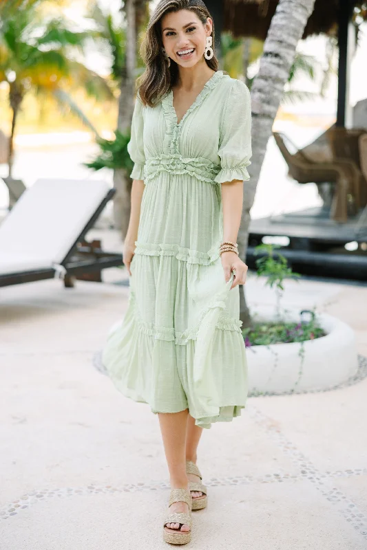 Living In A Dream Melon Green Ruffled Midi Dress Fashionable Chiffon Midi Dress
