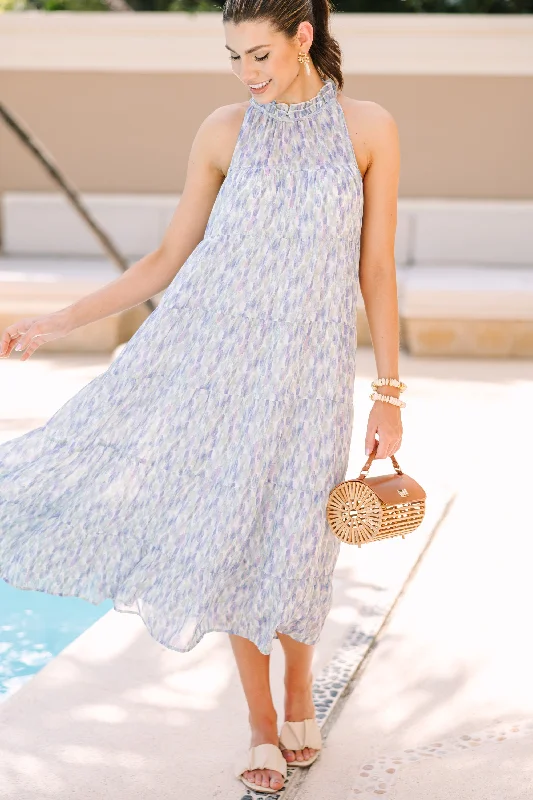 Living In The Moment Blue Abstract Midi Dress Chic Off-Shoulder Midi Dress