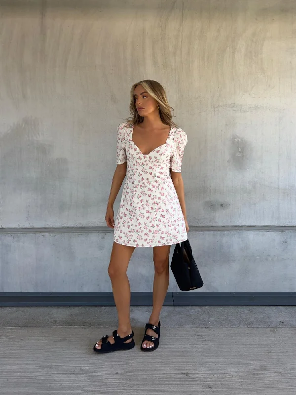 Lola Bust Cup Skater Mini Dress with Cut-Out Back -Cream Pink Bouquet Stylish Short-Sleeve Mini Dress Lola Bust Cup Skater Mini Dress with Cut-Out Back -Cream Pink Bouquet Stylish Short-Sleeve Mini Dress